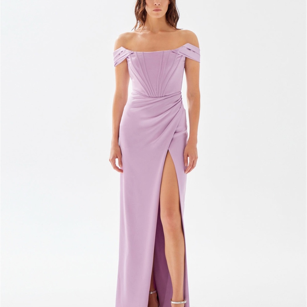 Tarik Ediz Purple Off-Shoulder Ruched Gown Wedding